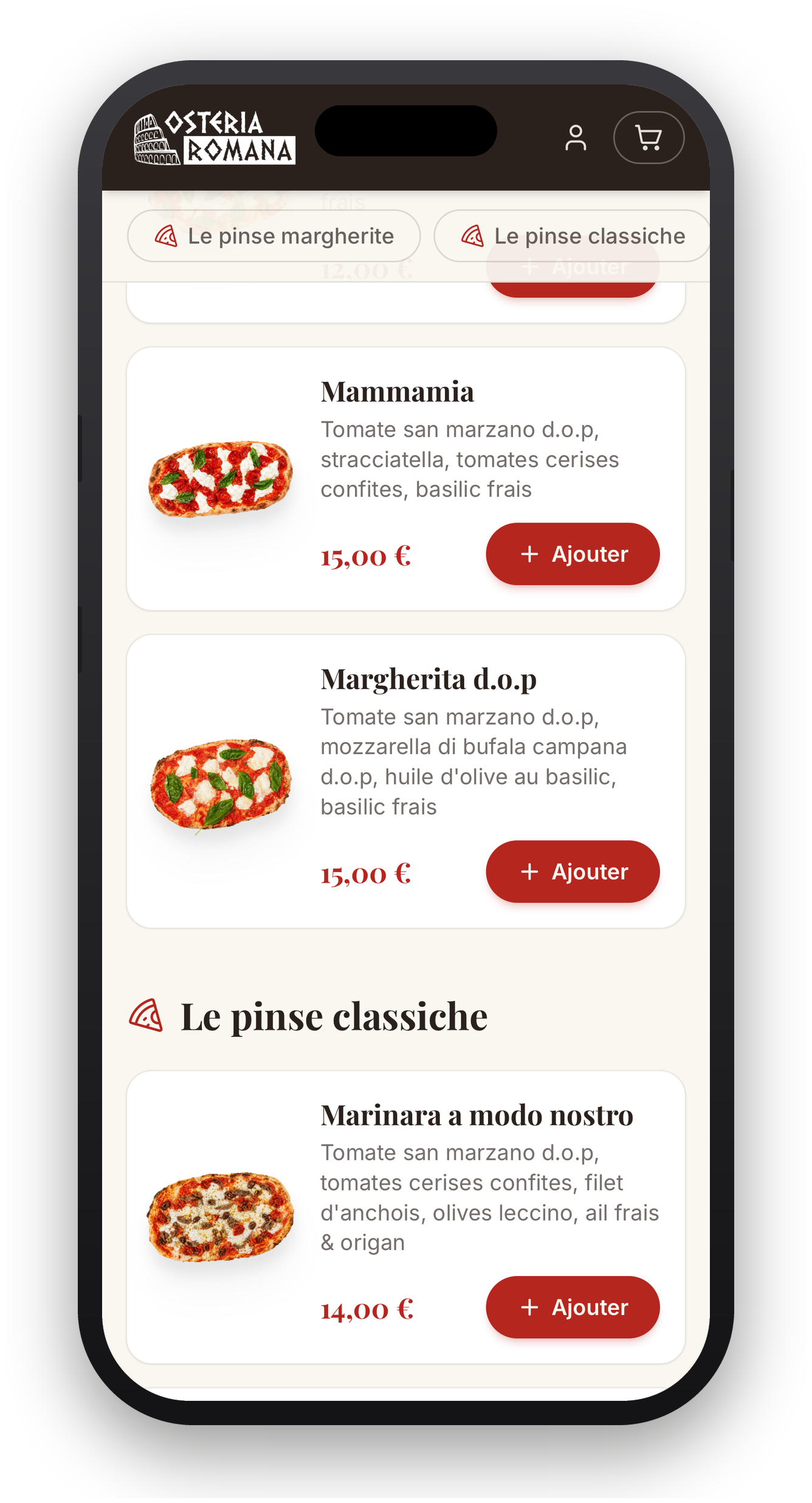 La plateforme de commande Servio sur mobile, ici la pinseria Osteria Romana